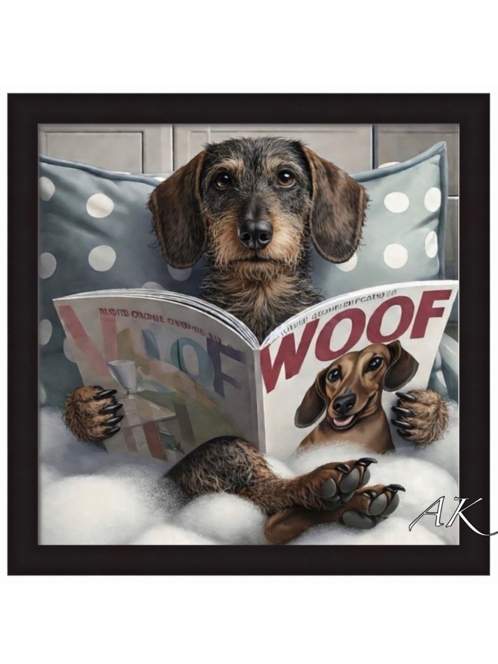 Wirehair Dachshund Reading WOOF Magazine Framed Art 🐾 Doxie Wiener
